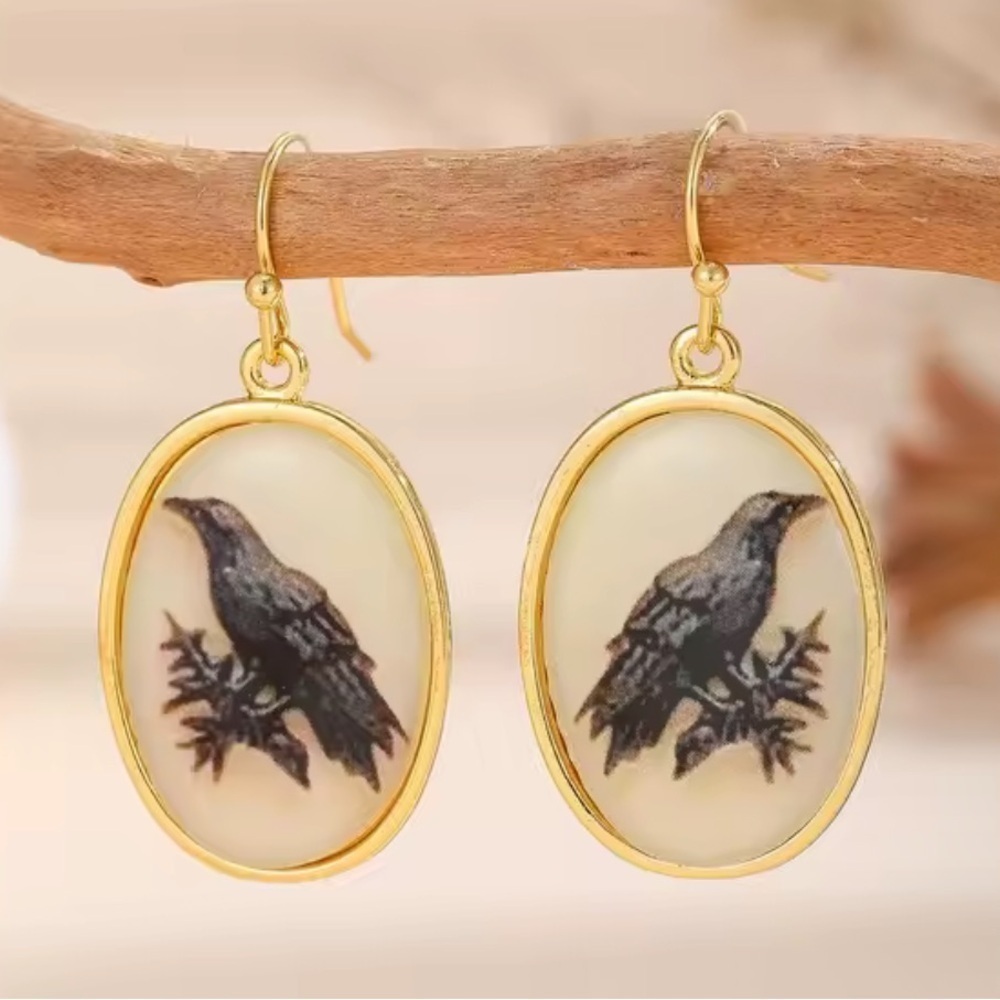 Victorian Raven Gold Oval Earrings